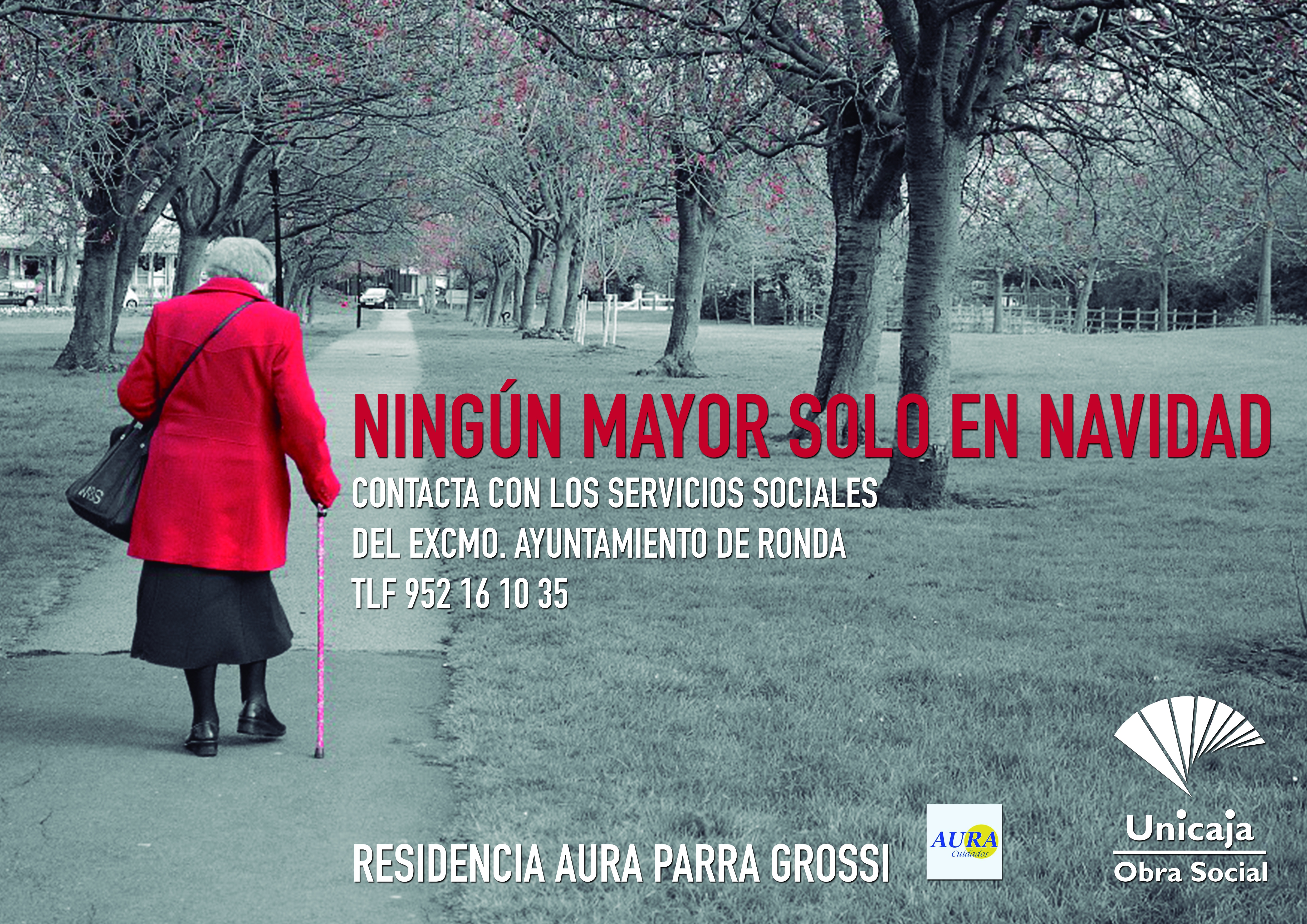 Cartel sobre la iniciativa solidaria ningún mayor solo en Navidad realizado por la Fundación Unicaja Ronda
